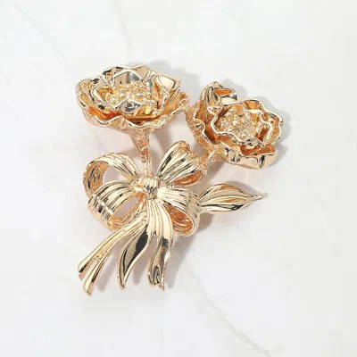 Fashnzfab Textured Metal Bow Rose Bouquet Pin Brooch In Gold