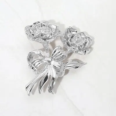 Fashnzfab Textured Metal Bow Rose Bouquet Pin Brooch In Metallic