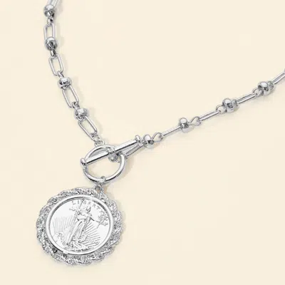 Fashnzfab Textured Metal Coin Medallion Pendant Chunky Chain Toggle Necklace In Silver