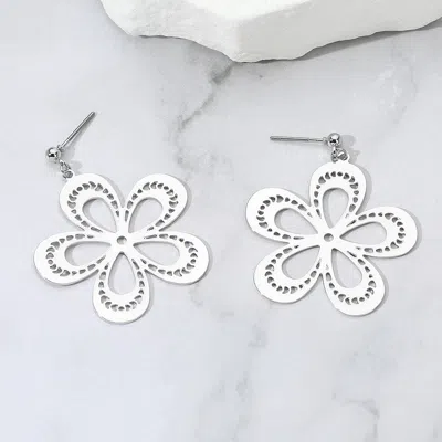Fashnzfab Textured Metal Cutout Flower Dangle Earrings - Rhodium In Metallic