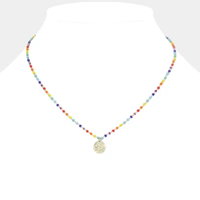 Fashnzfab Textured Metal Disc Pendant Tiny Bead Link Necklace In Multi