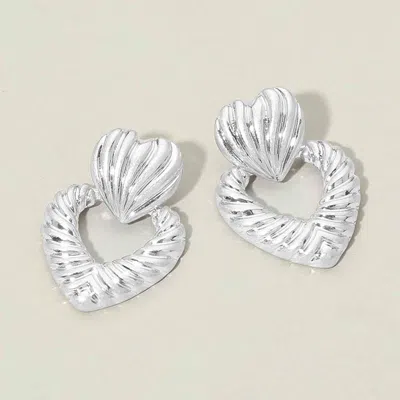 Fashnzfab Textured Metal Double Heart Earrings In Silver