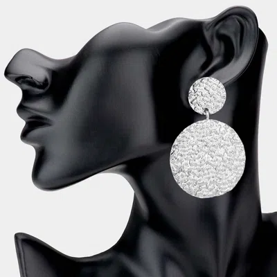 Fashnzfab Textured Metal Double Round Link Dangle Earrings - Rhodium In Metallic