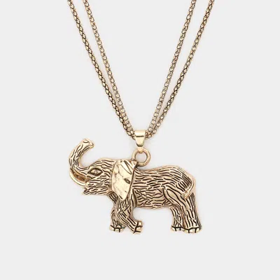 Fashnzfab Textured Metal Elephant Pendant Double Chain Metal Long Necklace In Gold