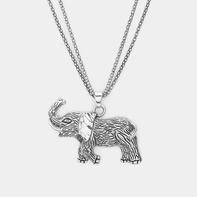 Fashnzfab Textured Metal Elephant Pendant Double Chain Metal Long Necklace In Silver