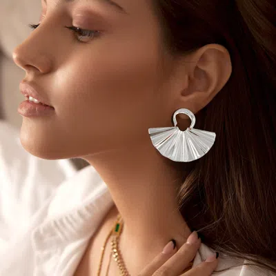 Fashnzfab Textured Metal Fan Earrings - Rhodium In Silver