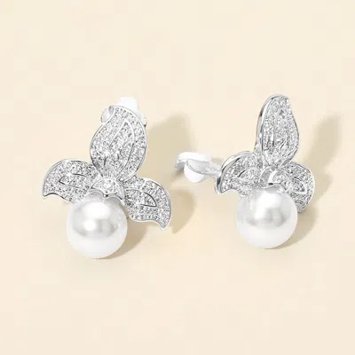 Fashnzfab Textured Metal Floral Pearl Drop Clip On Earrings In Silver