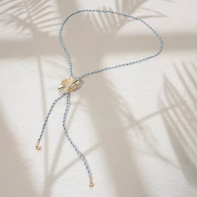 Fashnzfab Textured Metal Floral Pendant Adjustable Sliding Cord Bolo Long Necklace In Blue