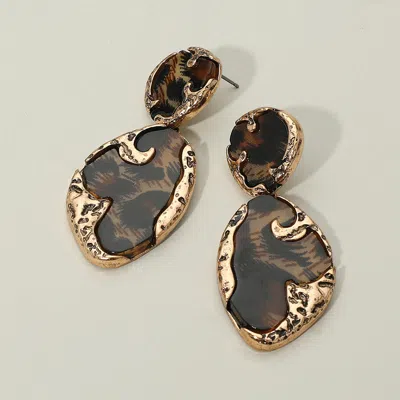 Fashnzfab Textured Metal Frame Abstract Celluloid Acetate Drop Dangle Statement Earrings- Gold, Leopard In Brown