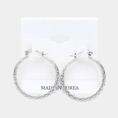 Fashnzfab Textured Metal Hoop Pin Catch Earrings - Rhodium In Silver