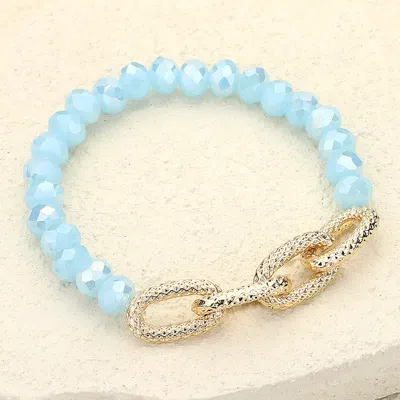 Fashnzfab Textured Metal Link Accented Faceted Beaded Stretch Bracelet In Blue