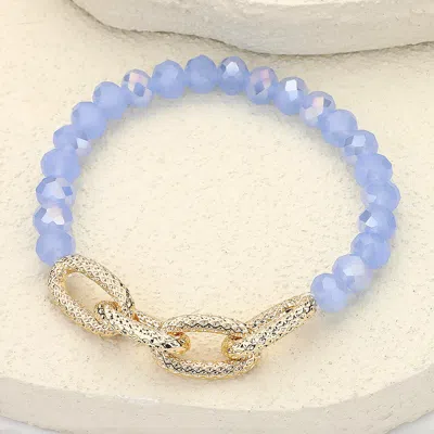 Fashnzfab Textured Metal Link Accented Faceted Beaded Stretch Bracelet Blue In Purple