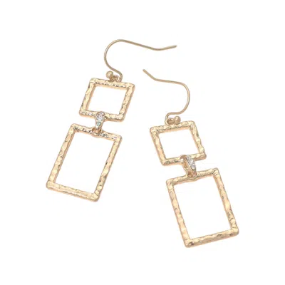 Fashnzfab Textured Metal Open Geomteric Rectangle Stone Pave Link Drop Earrings In Gold