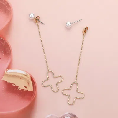 Fashnzfab Textured Metal Open Quatrefoil Dropdown Dangle Earrings - Cream, Gold