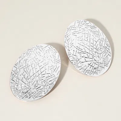 Fashnzfab Textured Metal Oval Plate Earrings - Rhodium In Silver
