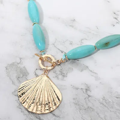 Fashnzfab Textured Metal Shell Toggle Pendant Chunky Oval Resin Beaded Statement Necklace In Blue