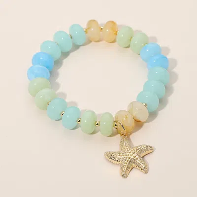 Fashnzfab Textured Metal Starfish Charm Accent Resin Pebble Beaded Stretch Bracelet In Multi