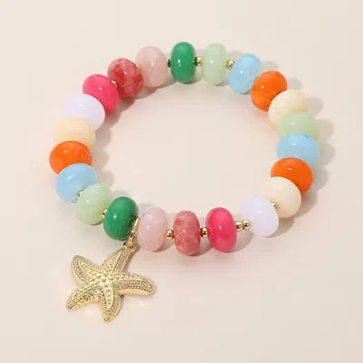 Fashnzfab Textured Metal Starfish Charm Accent Resin Pebble Beaded Stretch Bracelet In Multi