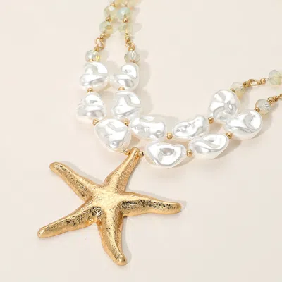 Fashnzfab Textured Metal Starfish Pendant Pearl Beaded Statement Necklace In White