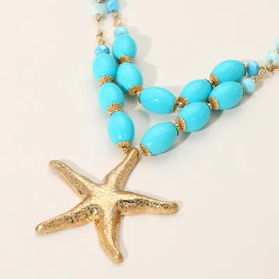 Fashnzfab Textured Metal Starfish Pendant Stone Beaded Statement Necklace In Blue