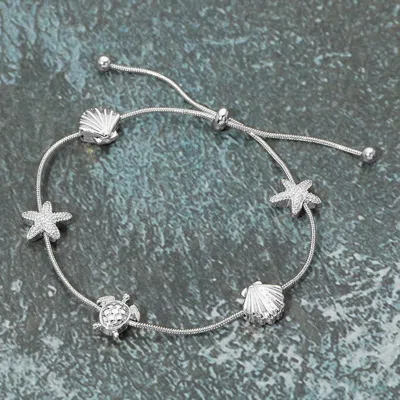 Fashnzfab Textured Metal Starfish Shell Turtle Station Cinch Pull Tie Bracelet In Silver