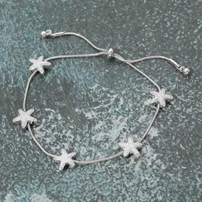Fashnzfab Textured Metal Starfish Station Cinch Pull Tie Bracelet In Silver