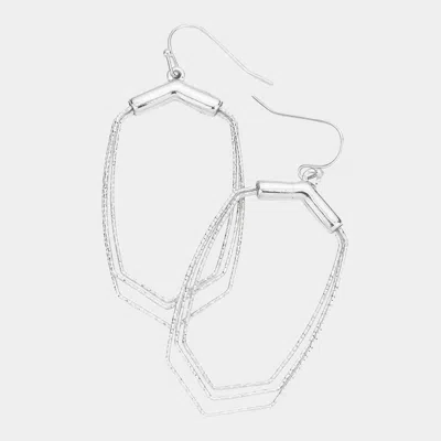 Fashnzfab Textured Metal Triple Wire Open Hexagon Dangle Earrings - Rhodium In Silver