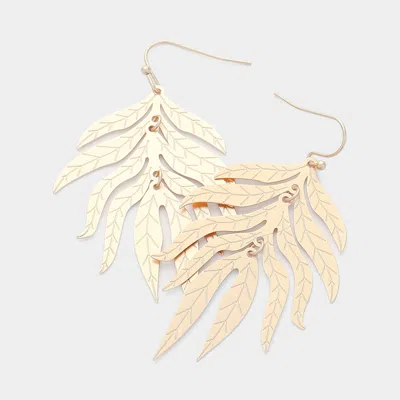 Fashnzfab Textured Metal Tropical Leaf Dangle Earrings - Matte Gold