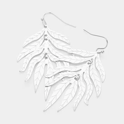 FASHNZFAB TEXTURED METAL TROPICAL LEAF DANGLE EARRINGS - RHODIUM