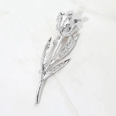 Fashnzfab Textured Metal Tulip Stem Pin Brooch In Silver