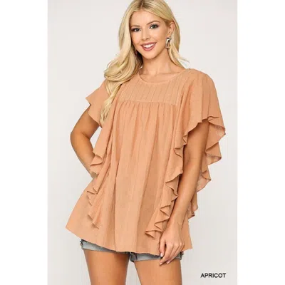 Fashnzfab Textured Ruffle Sleeve Tunic Top With Back Keyhole In Beige