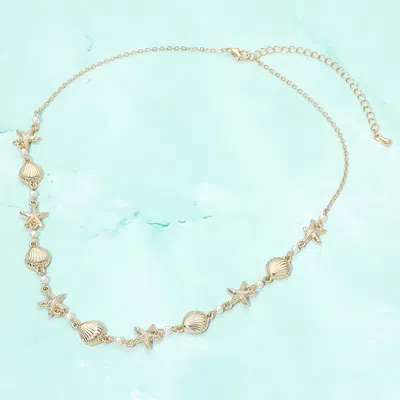 Fashnzfab Textured Seashell Starfish Pearl Link Necklace In Gold
