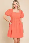 Fashnzfab Textured Square Neck Short Sleeve Dress In Multi