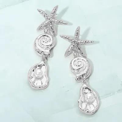 Fashnzfab Textured Starfish Swirl Shell Pearl Accent Link Drop Earrings In Silver