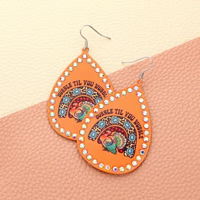 Fashnzfab Thanksgiving Turkey Printed Teardrop Metal Dangle Earrings - Orange