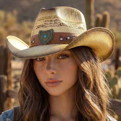 Fashnzfab The Aztec Shield Turquoise Concho Vented Vintage Straw Western Cowboy Hat In Brown