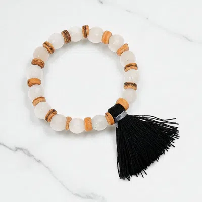 Fashnzfab Thread Tassel Charm Beaded Stretch Bracelet White In Black