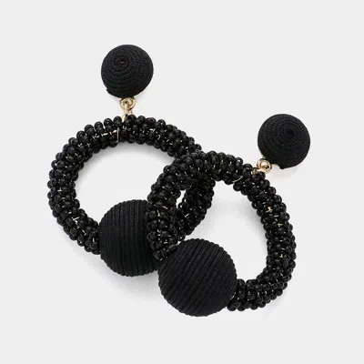Fashnzfab Thread Wrapped Ball Accented Seed Beaded Open Circle Dangle Earrings - Black, Gold