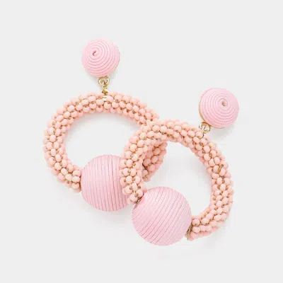 Fashnzfab Thread Wrapped Ball Accented Seed Beaded Open Circle Dangle Earrings - Gold, Pink