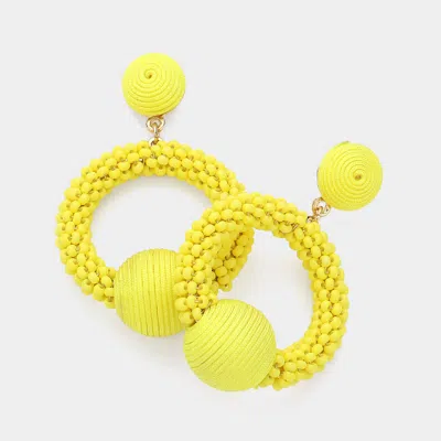 Fashnzfab Thread Wrapped Ball Accented Seed Beaded Open Circle Dangle Earrings In Yellow
