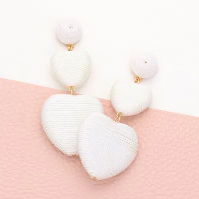 Fashnzfab Thread Wrapped Double Heart Dropdown Earrings - White In Silver