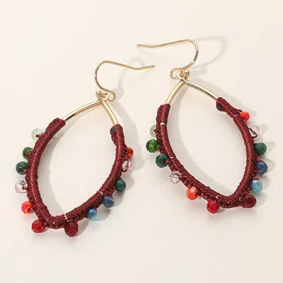 Fashnzfab Thread Wrapped Faceted Bead Trimmed Open Marquise Dangle Earrings In Red