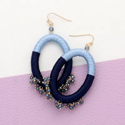Fashnzfab Thread Wrapped Open Oval Faceted Bead Cluster Dangle Earrings - Navy In Gold