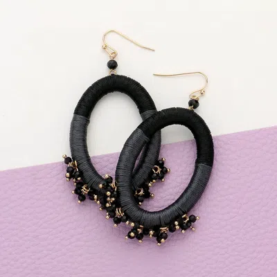 Fashnzfab Thread Wrapped Open Oval Faceted Bead Cluster Dangle Earrings In Black