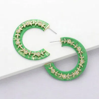 Fashnzfab Thread Wrapped Rhinestone Flower Embellished Hoop Earrings - Gold, Green