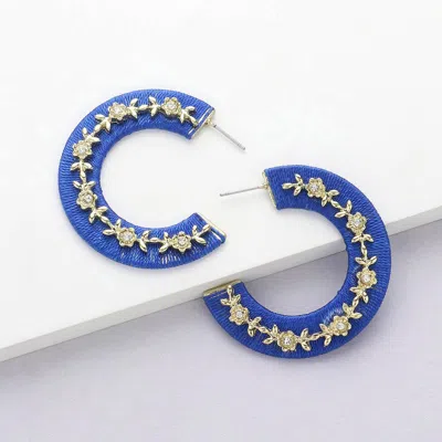 Fashnzfab Thread Wrapped Rhinestone Flower Embellished Hoop Earrings - Gold, Sapphire In Blue