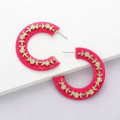 Fashnzfab Thread Wrapped Rhinestone Flower Embellished Hoop Earrings - Fuchsia, Gold In Silver