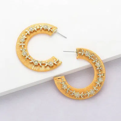 Fashnzfab Thread Wrapped Rhinestone Flower Embellished Hoop Earrings - Gold, Mustard In Silver