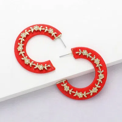 Fashnzfab Thread Wrapped Rhinestone Flower Embellished Hoop Earrings - Gold, Red In Silver