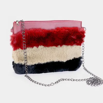 Fashnzfab Three Tone Faux Fur Rectangle Crossbody Bag In Red